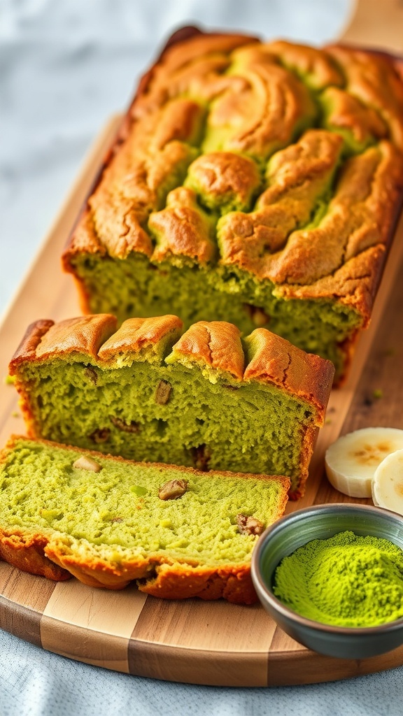 Matcha Banana Bread Recipe Sliced matcha banana bread on a wooden board with banana slices and matcha powder.